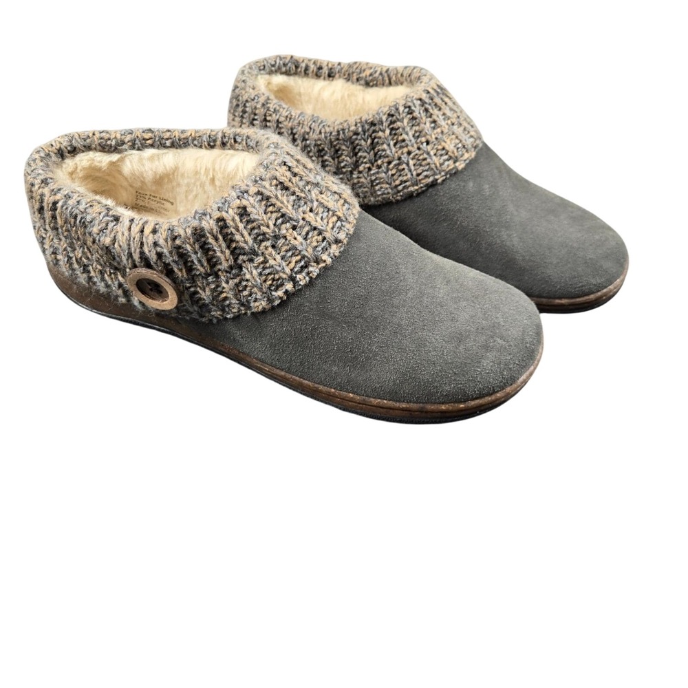 Natural Reflections Suede Clog Slippers Womens 10 Grey Knit Faux Fur Lined Mules